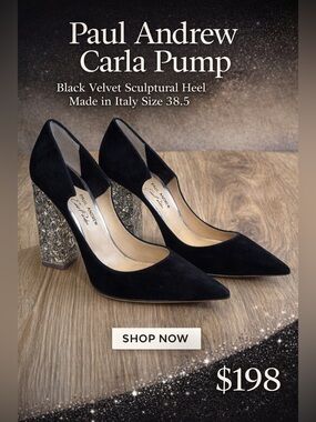 Paul Andrew Carla Pump Black Velvet Sculptural Heel Made in Italy Size 38.5